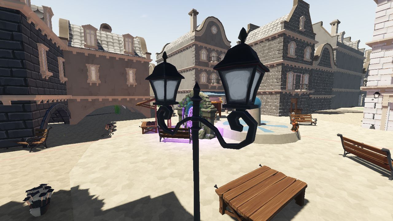 A town square in Fabels with lantern posts, benches and a glowing fountain