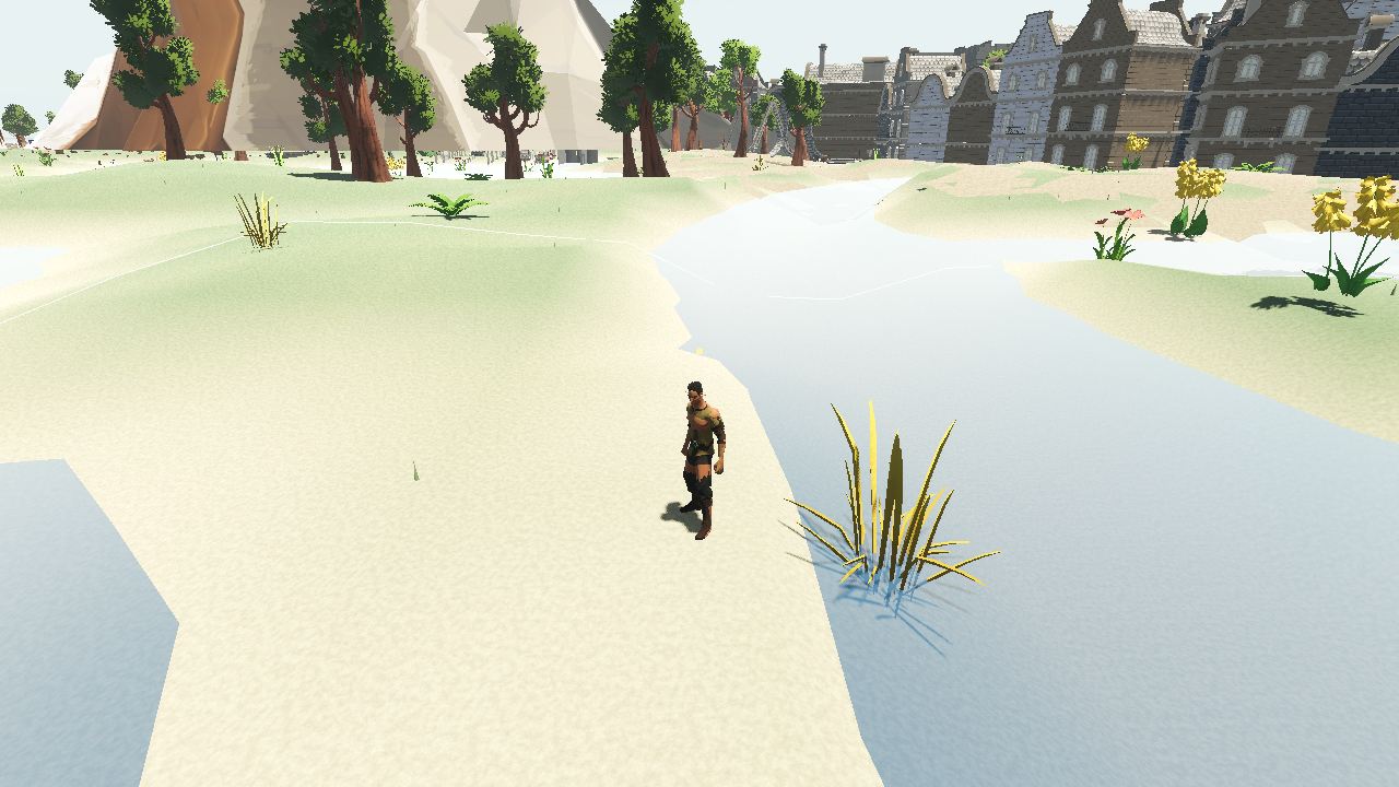 A player standing by a river with mountains and a walled town in the distance