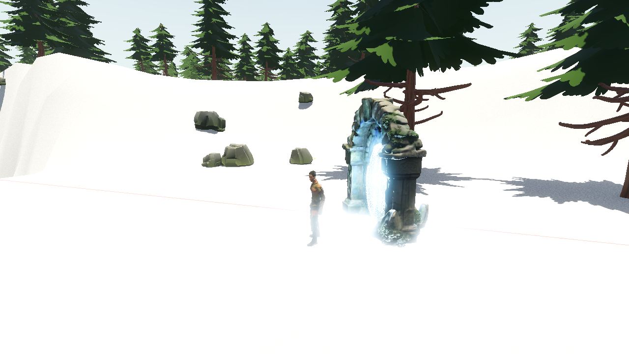 A player next to a glowing lodestone portal in a snowy pine forest